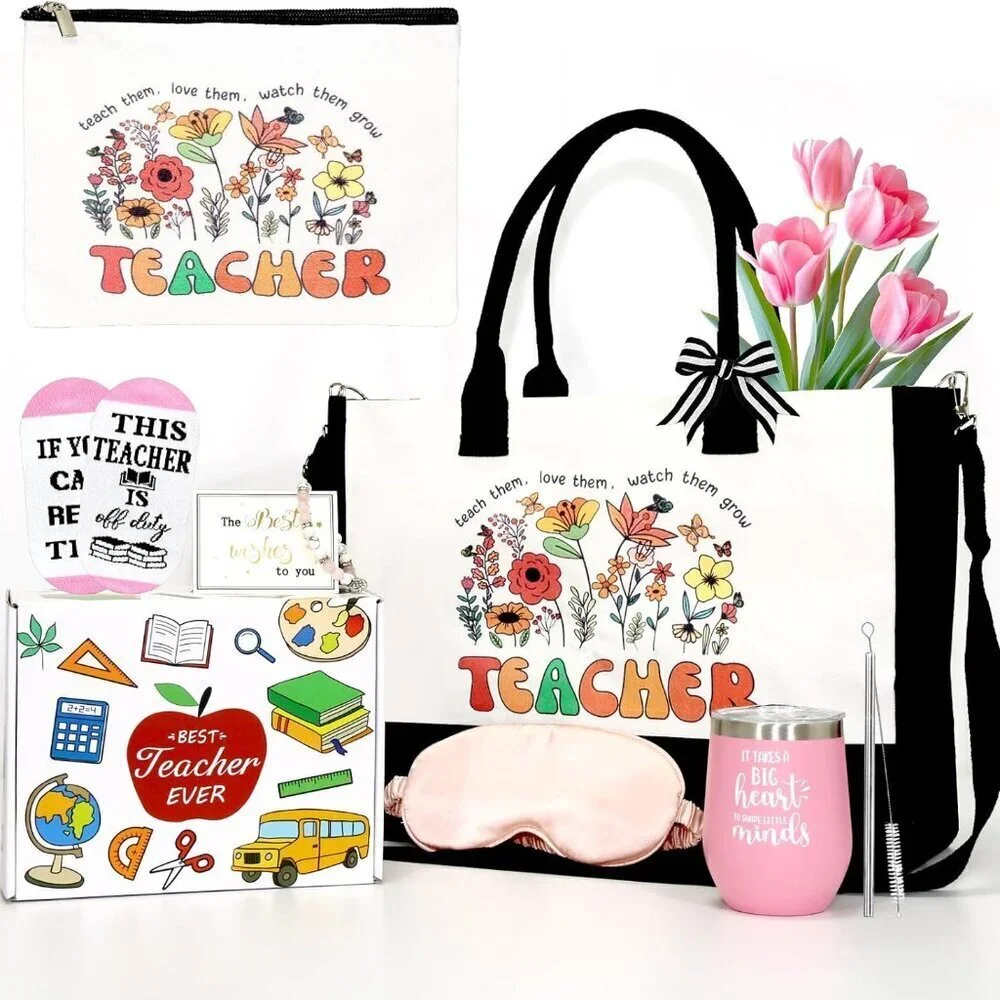 Teacher Appreciation Gift Set Canvas Tote Bag Cosmetic Pouch Thermos